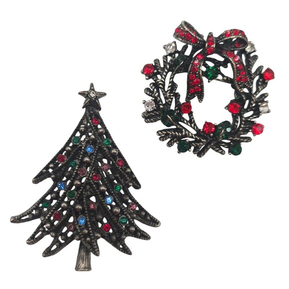 VTG Christmas Brooch 2PC Set Dark Silver Tone Red Green Tree Wreath Holiday Joy - Picture 1 of 16